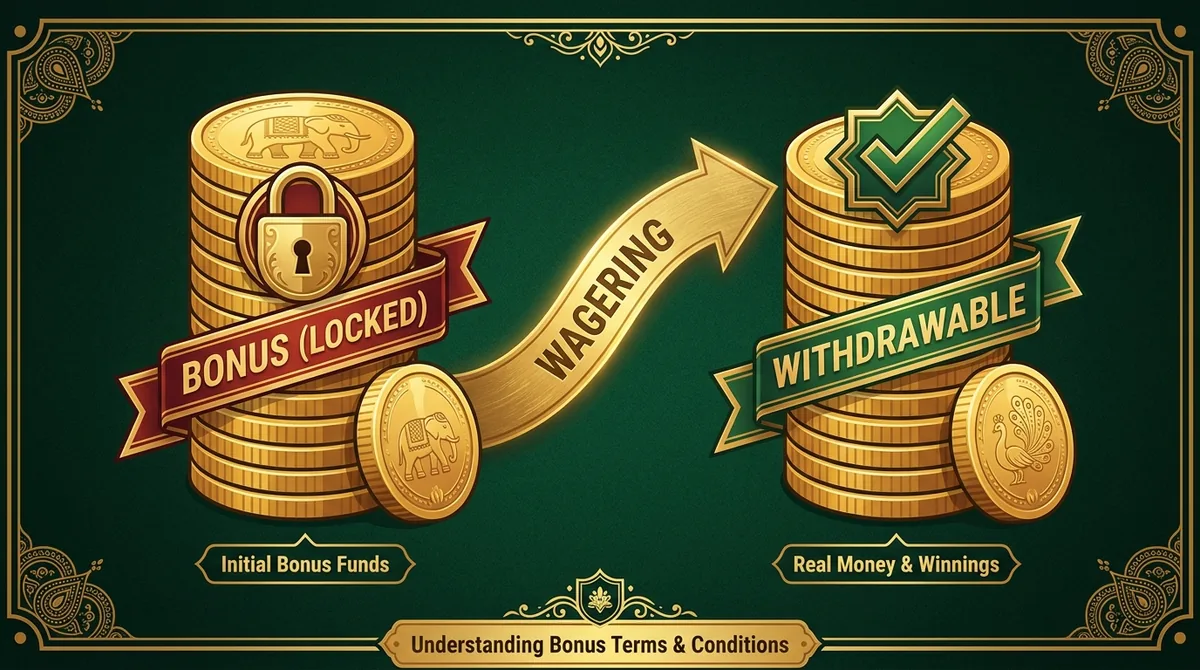 Infographic detailing locked bonus credits, wagering turnover, and unlocked withdrawable cash.